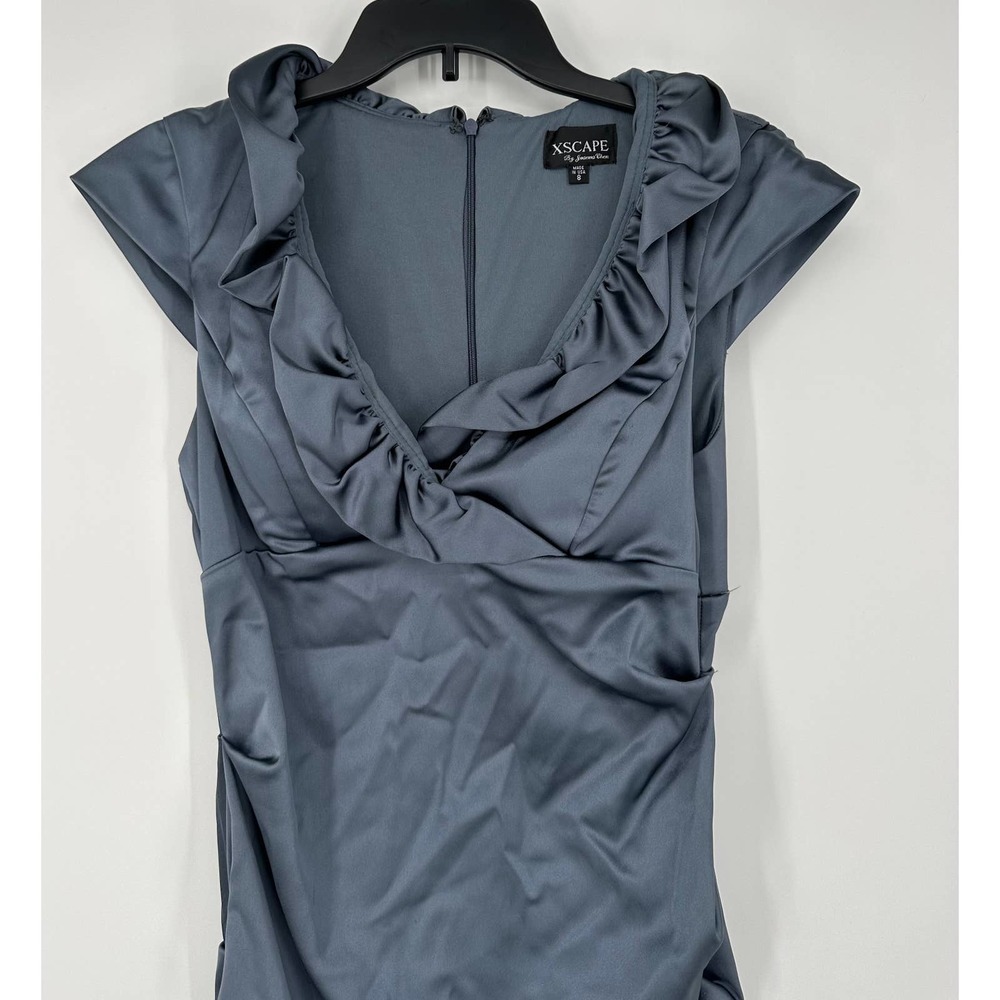 Xscape Slate Blue Ruffle-Trim Midi Dress